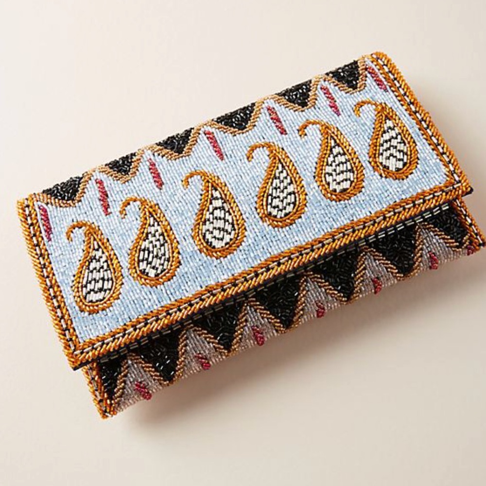 Anthropologie Beaded Paisley Clutch in Light Blue, Gold, Black